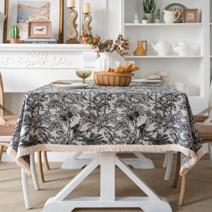 Nordic Black and White Floral Tablecloth Rectangular