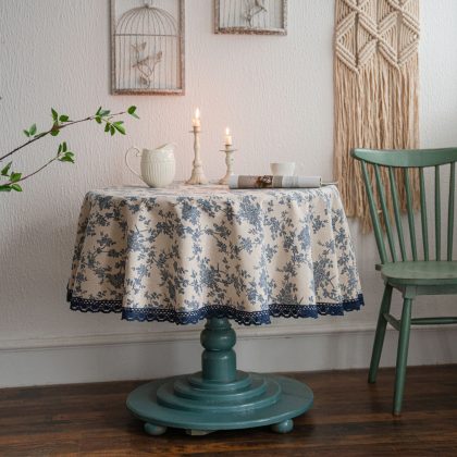Retro Blue Rose Printed Tablecloth Linen Round